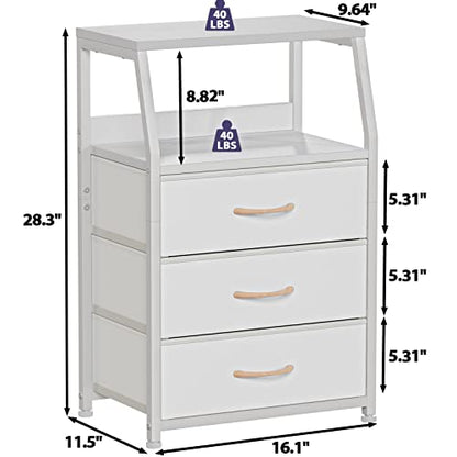 White Night Stand with 3 Fabric Drawers, Small Bedside Table | 2-Tier Shelf, Nightstand with Drawer for Bedroom, Storage Cabinet for Dorm, Closet, Living Room, Sturdy Steel Frame, Wood Top