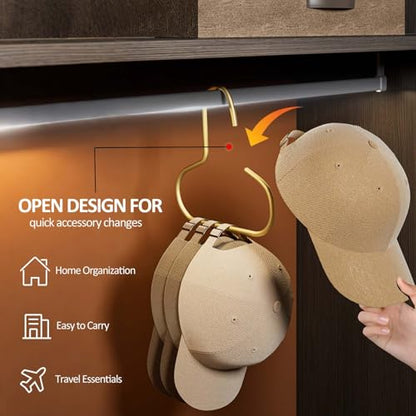6 Pcs Hat Hanger Gold Hooks Organizer, Metal Shawl Belt Scarf Caps Tie Purse Storage Hangers Organizers Non-Slip Easy Access Open Hook Space Saving Multi-Functional Hooks