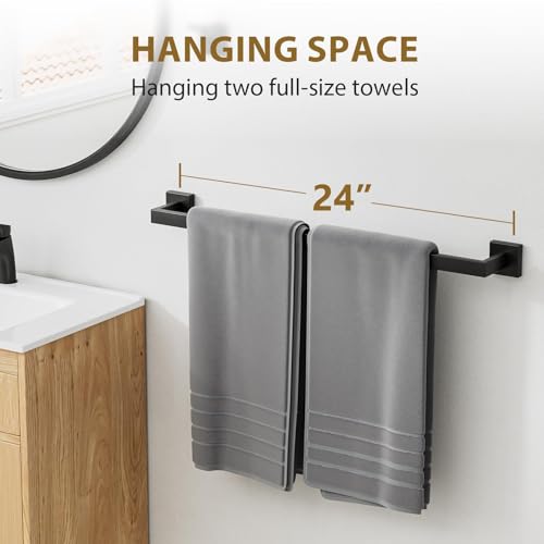24 Inch Matte Black Towel Bar, Square Base, Total Length 26-Inch | Thicken Towel Rack for Bathroom Wall, SUS304 Stainless Steel Towel Rod, Modern Home Decor