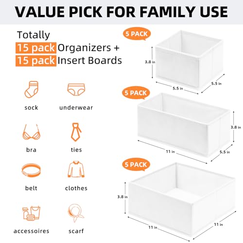 Closet Drawer Organizer Clothes, 15 Pack White Dresser Organizer for Baby Clothes, Fabric Drawer Dividers for Nursery Bedroom