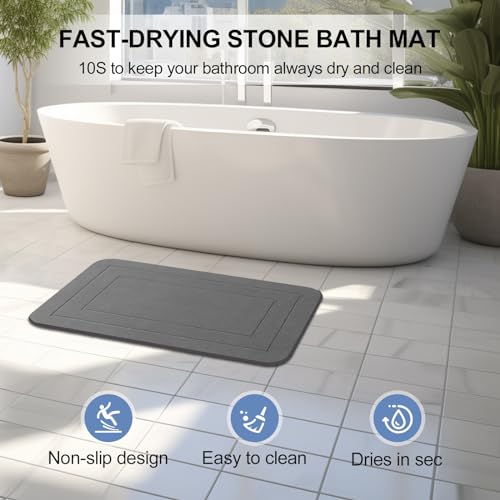 2 Pack Stone Bath Mat, Diatomaceous Earth Shower Mat, Non-Slip Super Absorbent Quick Drying Bathroom Kitchen Floor Mat (Grey, 24x15)