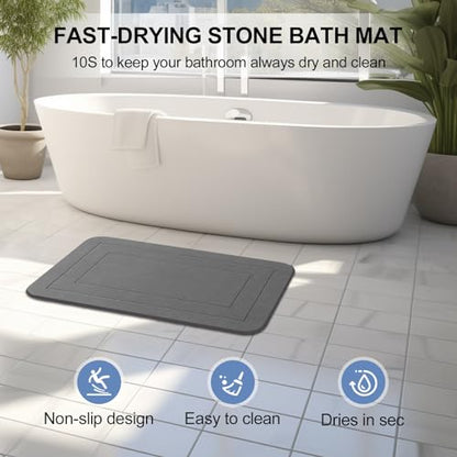 2 Pack Stone Bath Mat, Diatomaceous Earth Shower Mat, Non-Slip Super Absorbent Quick Drying Bathroom Kitchen Floor Mat (Grey, 24x15)