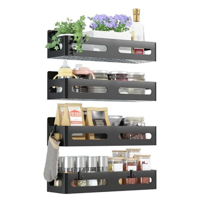 4-Pack Magnetic Spice Rack for Refrigerator with Hooks, Black | Strong multipurpose magnetic shelf for kitchen & bathroom organization. Includes 4 removable hooks for hanging items.