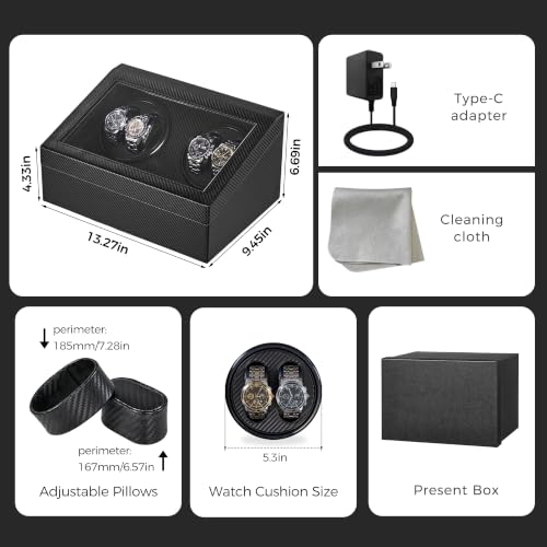 Watch Winder for Automatic Watches, Automatic Watch Winder | 4 Watch Winder with 6 Slots, Carbon Fiber Finish, Ultra-Quiet Japanese Motor, Adjustable Pillows, Present Box Packaging
