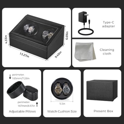 Watch Winder for Automatic Watches, Automatic Watch Winder | 4 Watch Winder with 6 Slots, Carbon Fiber Finish, Ultra-Quiet Japanese Motor, Adjustable Pillows, Present Box Packaging