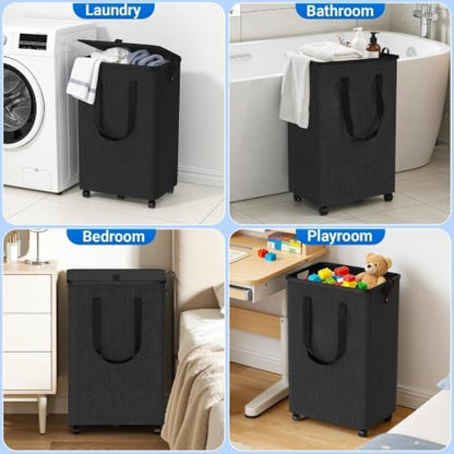 Laundry Basket with 5 Wheels, Rolling Laundry Hamper, 75L, Deep Gray | Clothes Hamper with Wheels and Lid, Collapsible for Bathroom, Bedroom, Dorm & Laundry Room with Multiple Carry Handles.