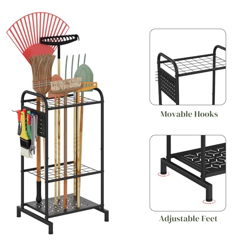 Garden Tool Organizer with Hooks Yard Tool Rack Heavy Duty Steel Yard Tool Organizer and Garden Storage Holder Broom Holder for Shed, Patio, Outdoor Indoor
