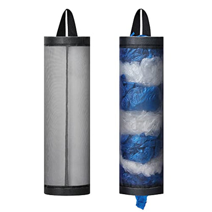 Bag Holder for Plastic Bags, 2 Pcs Polyester Grocery Bag Holder Plastic Dispenser Foldable Breathable Washable Hanging Mesh Garbage Bag Organizer for Kitchen Plastic Bag Storage (Gray)