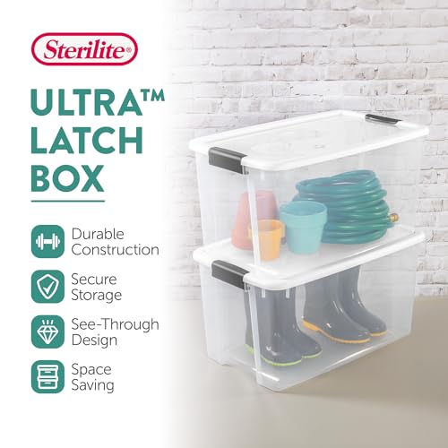 Sterilite 4 Pack Ultra Latching Box, Storage Bins with Lids, Clear Plastic, 70 Quart - Heavy-Duty Organizing Containers for Closet, Bathroom, and Office