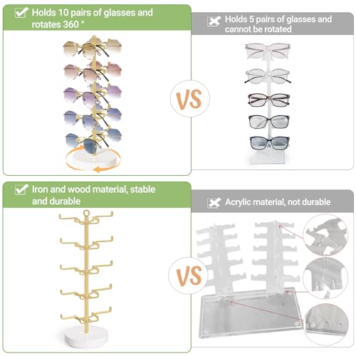 Mkono 360° Rotating Sunglass Organizer, Metal Glasses Holder Display Stand | Space-Saving, Holds 10 Eyewear Pairs, Stable Wood Base, Easy to Assemble, Dresser Desk Table Countertop Bedroom Gift Ideal