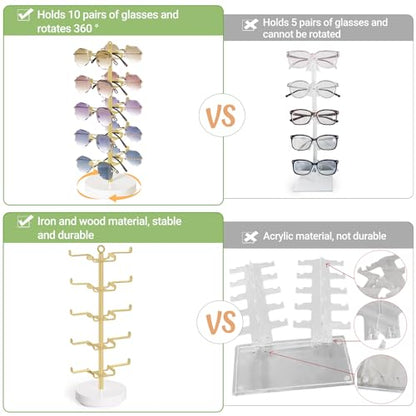 Mkono 360° Rotating Sunglass Organizer, Metal Glasses Holder Display Stand | Space-Saving, Holds 10 Eyewear Pairs, Stable Wood Base, Easy to Assemble, Dresser Desk Table Countertop Bedroom Gift Ideal