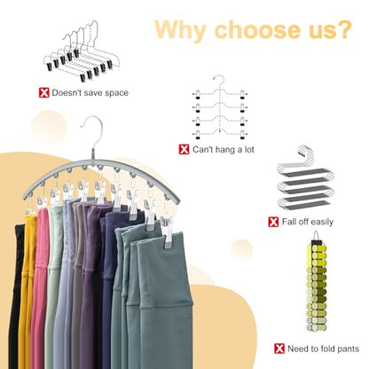 Legging Organizer for Closet, Metal Yoga Pants Hanger w/Rubber Coated 2 Pack w/10 Clips Hold 20 Leggings, Hangers Space Saving Hanging Closet Organizer for Closet Organizers and Storage-Grey