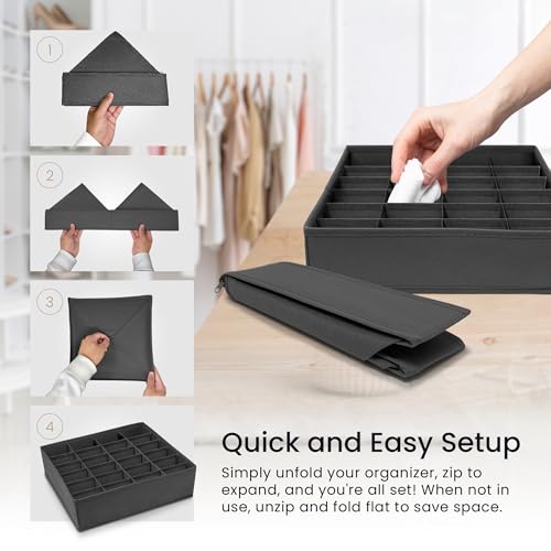 Reli. Sock Organizer (4 Pack) | 16+24 Cell Underwear Organizer | Gray | Drawer Dividers for Underwear, Socks, Ties, Belt | Foldable Fabric Storage Bins for Drawer, Closet, Dresser | 11.8x11.8x3.5"