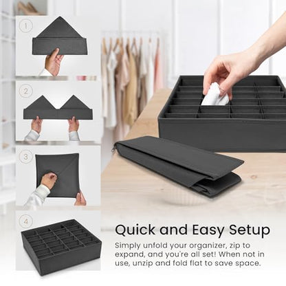 Reli. Sock Organizer (4 Pack) | 16+24 Cell Underwear Organizer | Gray | Drawer Dividers for Underwear, Socks, Ties, Belt | Foldable Fabric Storage Bins for Drawer, Closet, Dresser | 11.8x11.8x3.5"