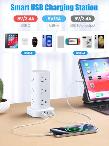 Tower Power Strips with Surge Protection, 6FT Flat Extension Cord with Multiple Outlets, 12 AC 4 USB Ports, Overload Protection Charging Station for Office Home Dorm Room Travel (White)