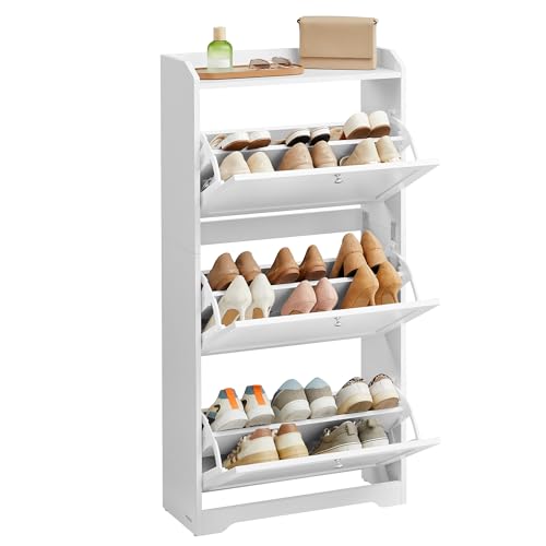 VASAGLE Shoe Organizer, Adjustable Dividers, Cloud White | Adjustable and Removable Dividers, Shoe Cabinet, 3 Flip Drawers, Holds 12-20 Pairs, Entryway, 9.4 x 23.6 x 47.7 Inches