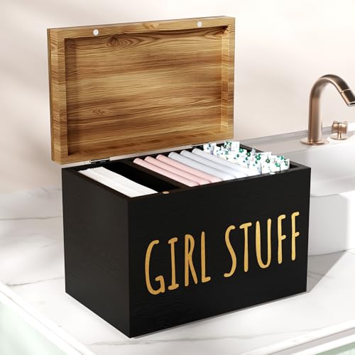 Wooden Tampon Holder, Matte Black, Hinged Lid Organizer | Shark Week Period Box, Pad Holder for Bathroom, Tampon Storage, Feminine Product Organizer, Stylish Girl Stuff Box