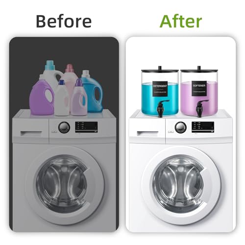 Glass Laundry Detergent Dispenser, 128 oz / 3.5L Fabric Softener Dispenser for Laundry Room Organization, Detergent Holder with Plastic Spigot (Black, 2 Pack)