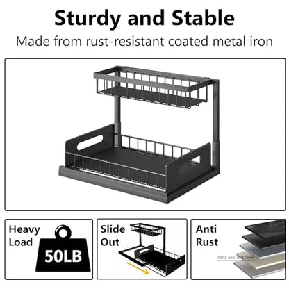Slide Out Under Sink Organizers and Storage, Black, 1 Pack | 2 Tier, Sturdy Metal, Cabinet Organizer, for Kitchen Bathroom