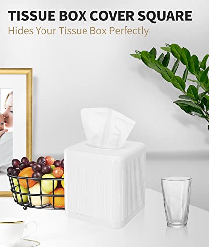 Tissue Box Cover with Base, Square Plastic Tissue Box Holder Decorative Tissue Cover Modern Cube Facial Tissue Dispenser for Bathroom Vanity Countertop, Living Room, Bedroom, Office - White