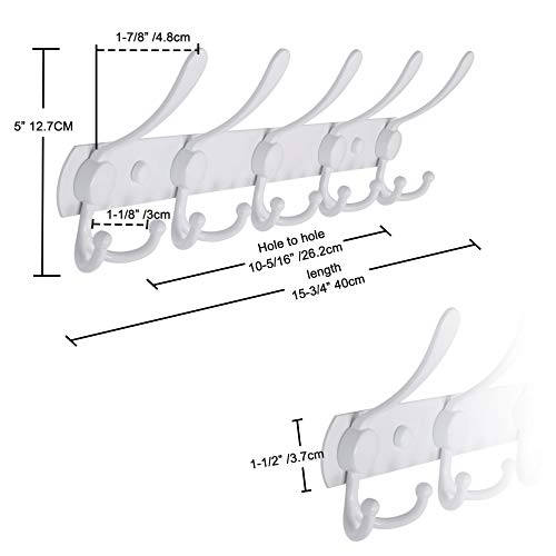Wall Mounted Coat Rack - 5 Tri Hooks, Heavy Duty, Stainless Steel, Metal Coat Hook Rail for Coat Hat Towel Purse Robes Mudroom Bathroom Entryway (White, 2 Packs)