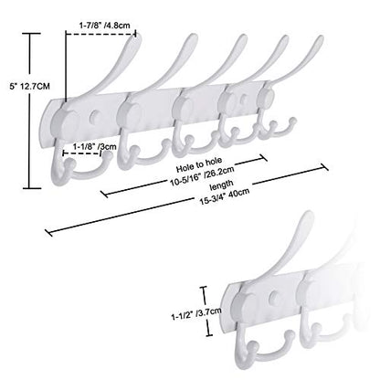 Wall Mounted Coat Rack - 5 Tri Hooks, Heavy Duty, Stainless Steel, Metal Coat Hook Rail for Coat Hat Towel Purse Robes Mudroom Bathroom Entryway (White, 2 Packs)