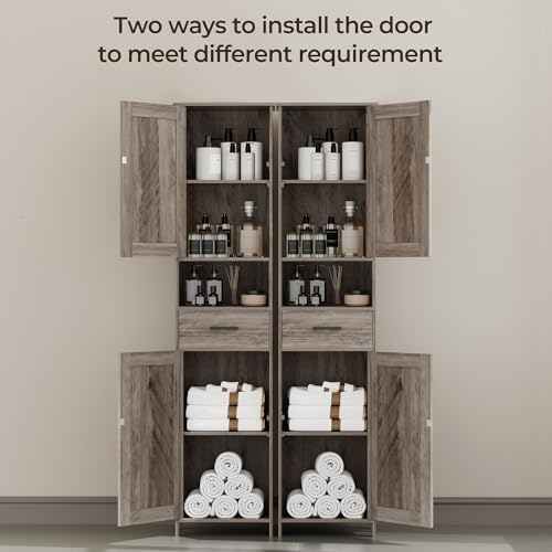 Homhedy 67" H Tall Bathroom Storage Cabinet with Barn Doors and Drawer | Narrow Storage Unit with Adjustable Shelves, Floor Cabinet for Bathroom, Living Room, Entryway or Kitchen, Greige, 15.7" W