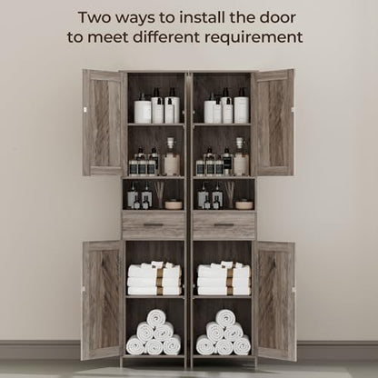 Homhedy 67" H Tall Bathroom Storage Cabinet with Barn Doors and Drawer | Narrow Storage Unit with Adjustable Shelves, Floor Cabinet for Bathroom, Living Room, Entryway or Kitchen, Greige, 15.7" W