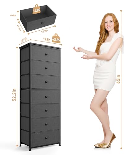 Mifuro Tall Fabric Dresser for Bedroom, Vertical Storage Organizer Tower with 7 Drawers, Chest of Drawers with Bins, Steel Frame, Wood Top for Bedroom, Closet, Entryway Grey