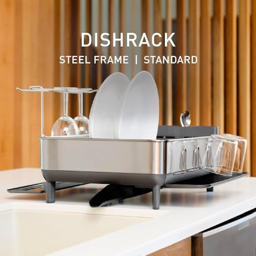 simplehuman Steel Frame Dishrack, Large Capacity Dish Drying Rack, 360º Easy Drain Swivel Spout, Utensil & Wine Glass Holder, Anti-Residue Coating, Moisture Control Surface, Brushed Stainless Steel