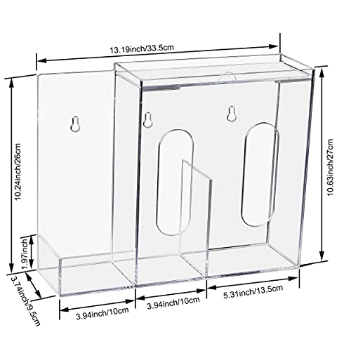 SEANADO Face Mask Dispenser 3 Compartment Acrylic Glove Box Holder Hygiene Station for Disposable Face Masks, Emesis Bag, Shoe Cover and Hairnet, Wall Mount Holes or Tabletop Holder （Clear）