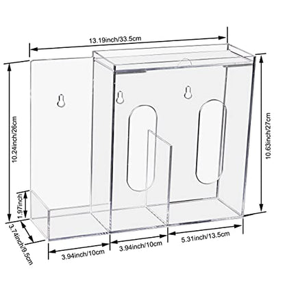 SEANADO Face Mask Dispenser 3 Compartment Acrylic Glove Box Holder Hygiene Station for Disposable Face Masks, Emesis Bag, Shoe Cover and Hairnet, Wall Mount Holes or Tabletop Holder （Clear）