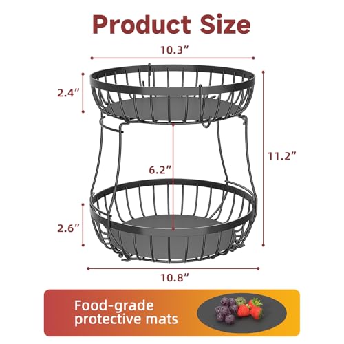 2 Tier Large Fruit Bowl for Kitchen Counter with 2 Banana Hangers | Sturdy Metal Basket for Fruit, Bread & Onions, Modern Wire Fits Various Styles, Includes Food-Safe Mats to Keep Produce Fresh
