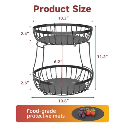 2 Tier Large Fruit Bowl for Kitchen Counter with 2 Banana Hangers | Sturdy Metal Basket for Fruit, Bread & Onions, Modern Wire Fits Various Styles, Includes Food-Safe Mats to Keep Produce Fresh