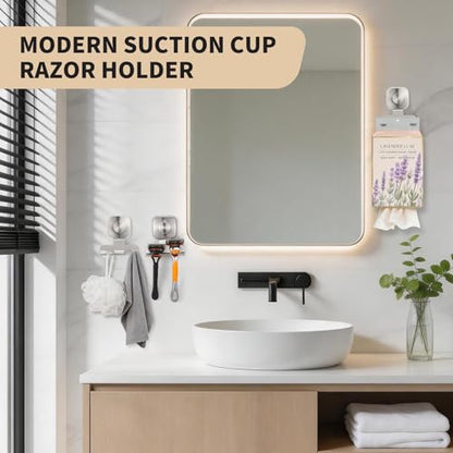 Razor Holder for Shower, 15 LB Suction Cup for Glass Door & Tile, Rustproof Stainless Steel Shaver & Loofah Hanger, No Drill Bathroom Hook for Renters & Dorm, Space Saving (2, Brushed Nickel)