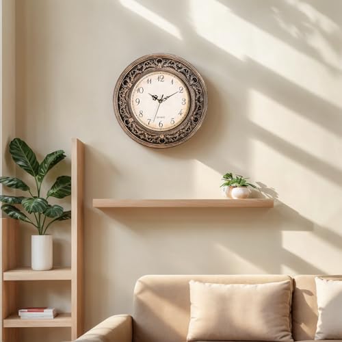 Pumtus Plastic Silent Wall Clock, 13 Inch Vintage Battery Operated Wall Clocks, Large Decorative Round Living Room Clock, Non-Ticking Retro Analog Clocks for Bathroom, Office, Kitchen, School