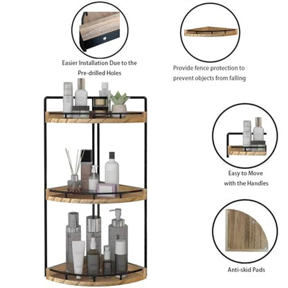 Dorhors Corner Bathroom Organizer Countertop,Vanity Counter Storage Shelf | 3 Tier Rustic Brown Stand Rack Holder for Kitchen,Dresser,Restroom,Wood Bathroom Sink Tray for Makeup,Perfume,Skincare,Lotion