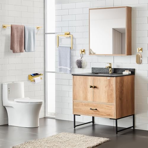 5-Pieces Brushed Gold Bathroom Hardware Accessories Set 23.6" SUS304 Stainless Steel Towel Bar Set Wall Mounted Square Toilet Paper Holder with Shelf
