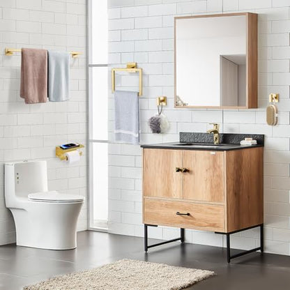 5-Pieces Brushed Gold Bathroom Hardware Accessories Set 23.6" SUS304 Stainless Steel Towel Bar Set Wall Mounted Square Toilet Paper Holder with Shelf