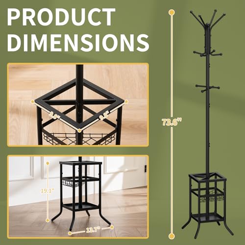 Yoobure Coat Rack Freestanding - Coat Tree with Umbrella Holder, Metal Coat Rack Stand with 12 Hooks, Modern Coat Hanger Stand for Entryway, Purse Rack Hat Rack Stand for Living Room Bedroom Office