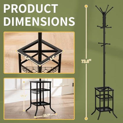 Yoobure Coat Rack Freestanding - Coat Tree with Umbrella Holder, Metal Coat Rack Stand with 12 Hooks, Modern Coat Hanger Stand for Entryway, Purse Rack Hat Rack Stand for Living Room Bedroom Office