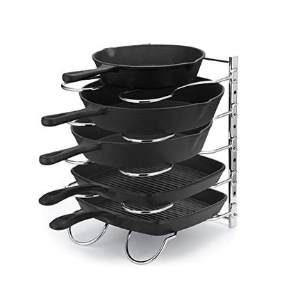 Heavy Duty Pan Rack, Pot Lid Rack, Kitchen Cabinet Pantry Cookware Organizer Rack Holder with 5 Adjustable Dividers, Chrome