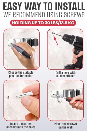Mop and Broom Holder - Clear Cleaning Clutter and Reclaim Your Space | 5 Racks + 4 Hooks - Rust-Resistant Wall Organizer Holds Cleaning and Garden Tools Securely in Garages and Kitchens