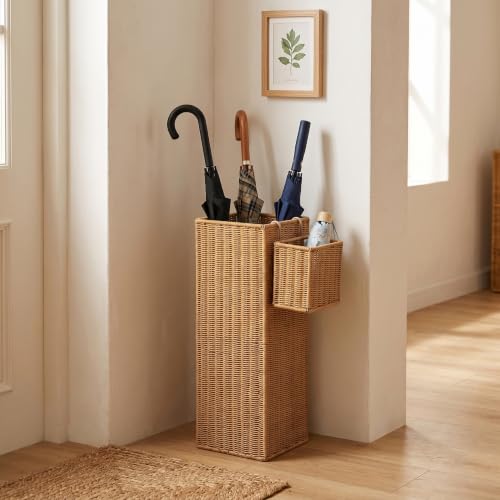 Rattan Umbrella Stand with Drip Tray,Umbrella Holder with Small Basket for Entryway, Tall Wicker Basket for Storage, Woven Organizer for Inoor, Outdoor, Home, Office, Hotel