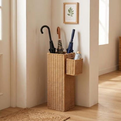 Rattan Umbrella Stand with Drip Tray,Umbrella Holder with Small Basket for Entryway, Tall Wicker Basket for Storage, Woven Organizer for Inoor, Outdoor, Home, Office, Hotel