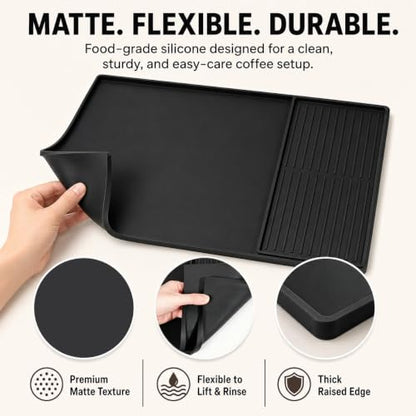 Silicone Coffee Mat 24 x 16 in with Tray, Classic Black | Coffee bar mat for countertop use, coffee station mat or coffee machine mat with removable tray and 0.47 in raised rim.