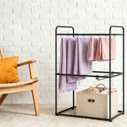 Freestanding Pants Rack Stand 2 Tier Black Pants Rack for Closet, Metal Trouser Rack with 26 Pant Hangers for Jeans, Scarves, Towels