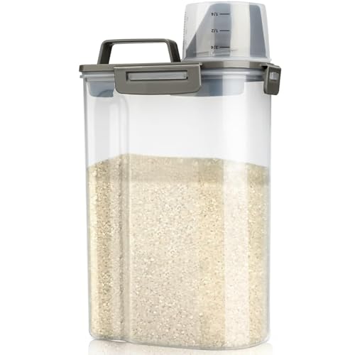 Rice Airtight Storage Container, 3 to 5Lbs Cereal Dry Food Flour Bin, Pet Dog Cat Food Dispenser with Measuring Cup, BPA Free Clear Plastic Kitchen and Pantry Organization Bin for Sugar
