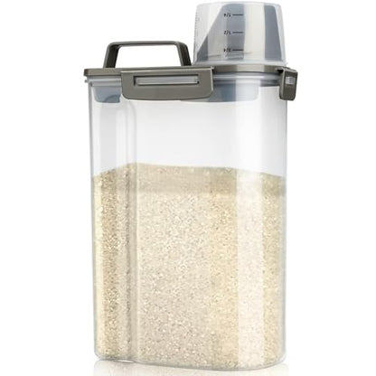 Rice Airtight Storage Container, 3 to 5Lbs Cereal Dry Food Flour Bin, Pet Dog Cat Food Dispenser with Measuring Cup, BPA Free Clear Plastic Kitchen and Pantry Organization Bin for Sugar