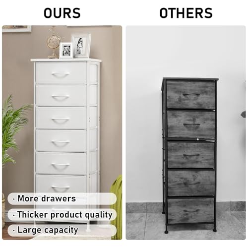 Fixwal Tall Narrow White Dresser for Bedroom, Storage Dresser Organizer in Closet with 7 Fabric Drawers, Nightstand for Dorm